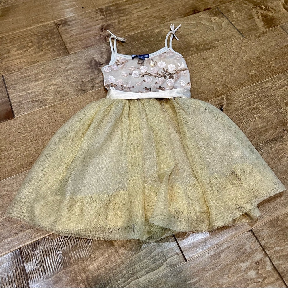 EleStory Girls Sleeveless Floral Sequin Mesh Tulle Dress Tan Gold Size 4T EUC